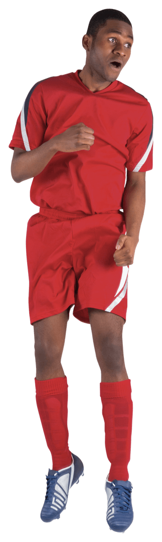 Excited Football Player in Red Uniform Jumping on Transparent Background