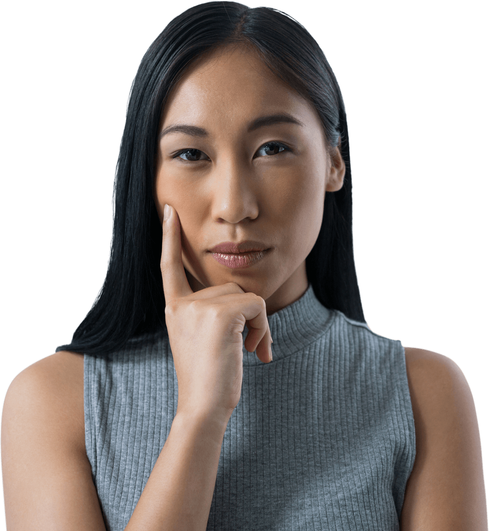 Thoughtful Young Woman in Confident Expression, Transparent Background