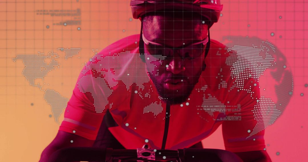 Indoor cyclist training with futuristic data overlay and world map analytics