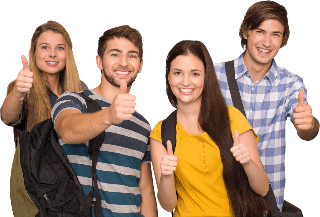 Smiling Students Giving Thumbs Up with Backpacks on Transparent Background
