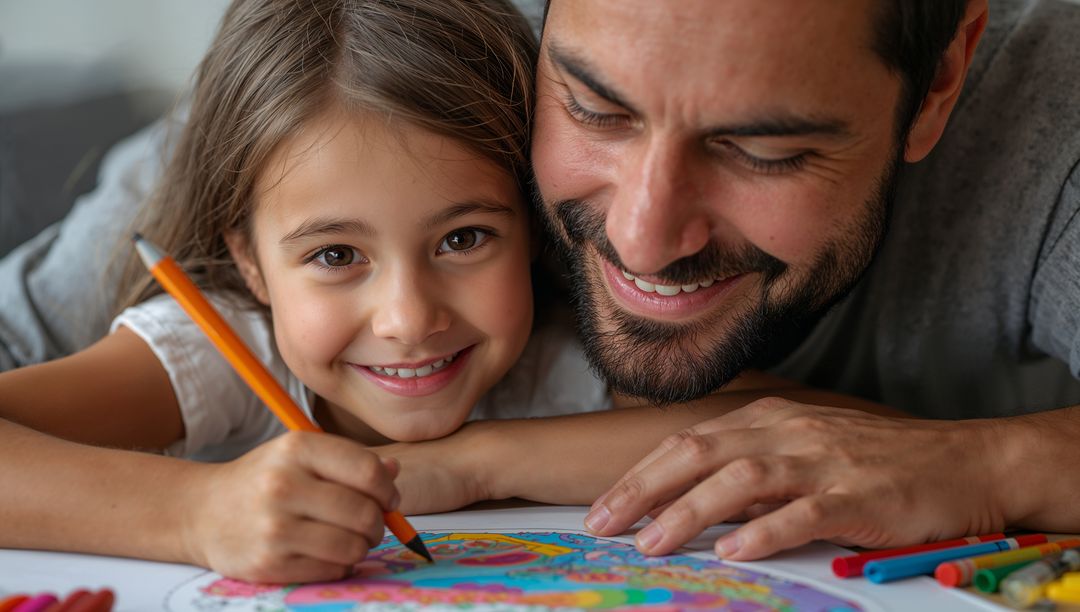 Smiling Father and Daughter Bonding Through Coloring Art Activity