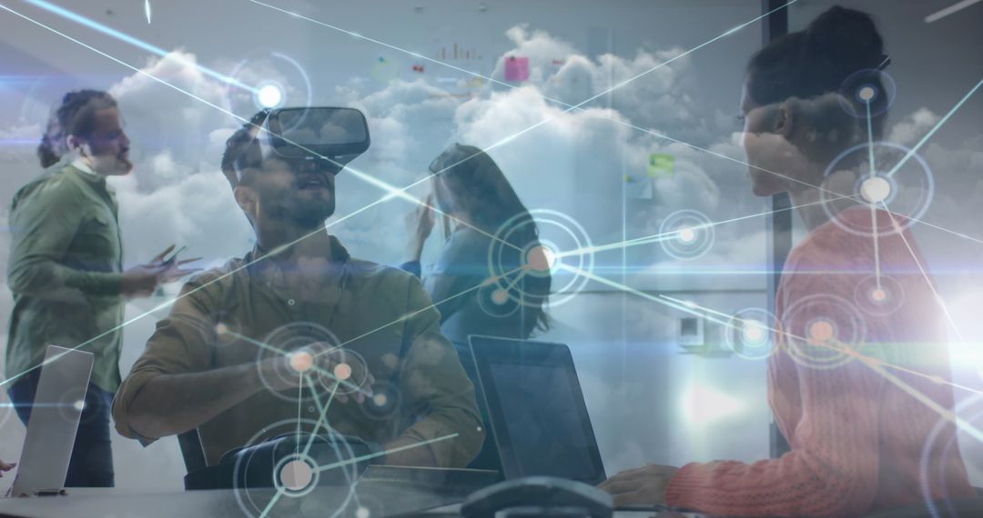 Diverse Team Exploring Virtual Reality in Futuristic Office