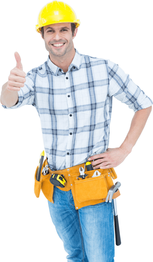 Happy Construction Worker Giving Thumbs Up on Transparent Background