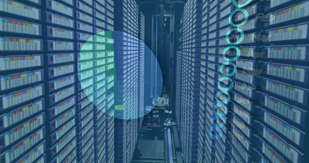 Modern Data Center with Servers and Futuristic Digital Overlay