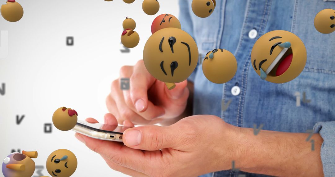 Man Interacting with Smartphone and Floating Emojis