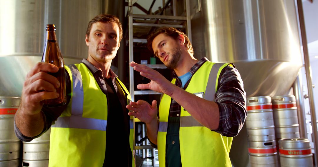 Brewery Workers Examining Beer Bottle for Quality Control - Free Images, Stock Photos and Pictures on Pikwizard.com