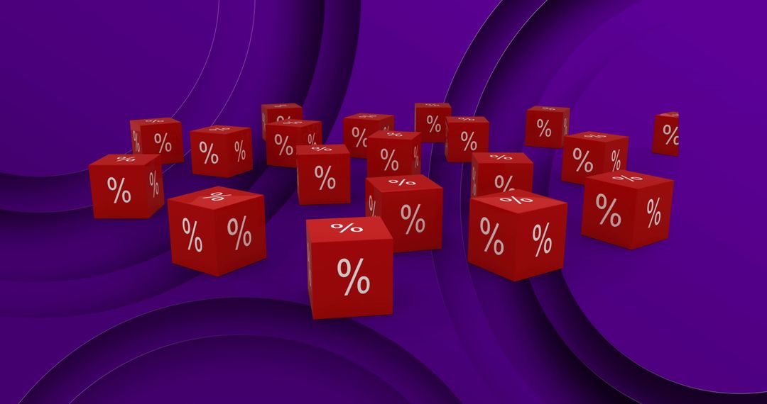 Red Percentage Cube Symbols on Purple Abstract Background