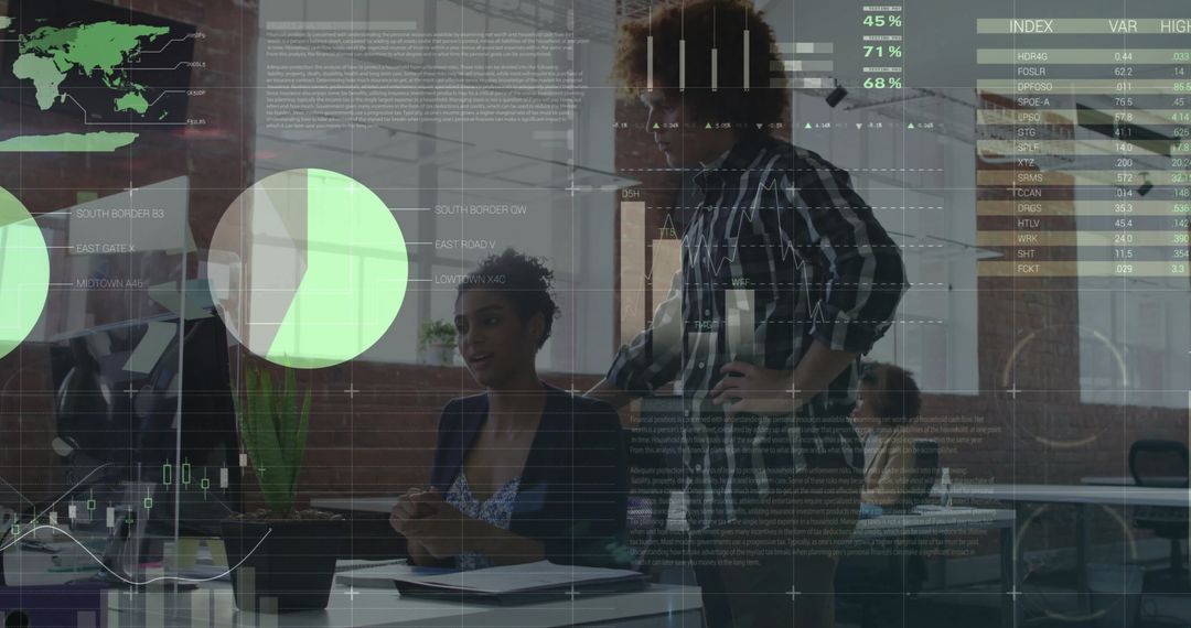 Diverse Business Team Analyzing Financial Data with Digital Interfaces