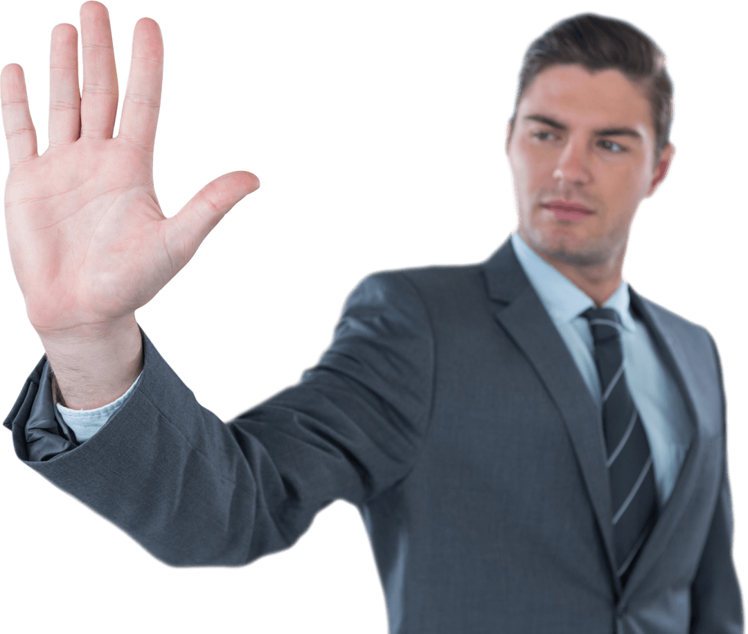 Transparent Businessman Gesturing Stop in Formal Suit