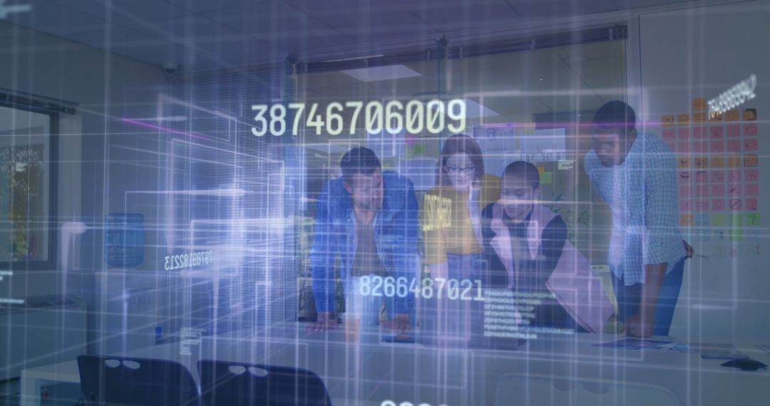 Diverse Team Brainstorming with Digital Interface in Modern Office