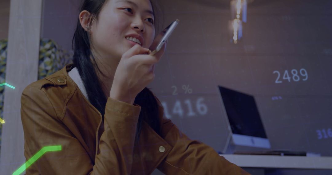 Businesswoman Using Smartphone with Digital Data Overlays