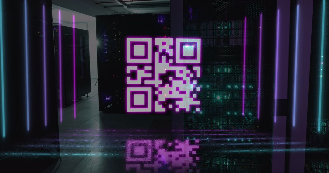 Pink QR Code with Neon Lights in Futuristic Server Room