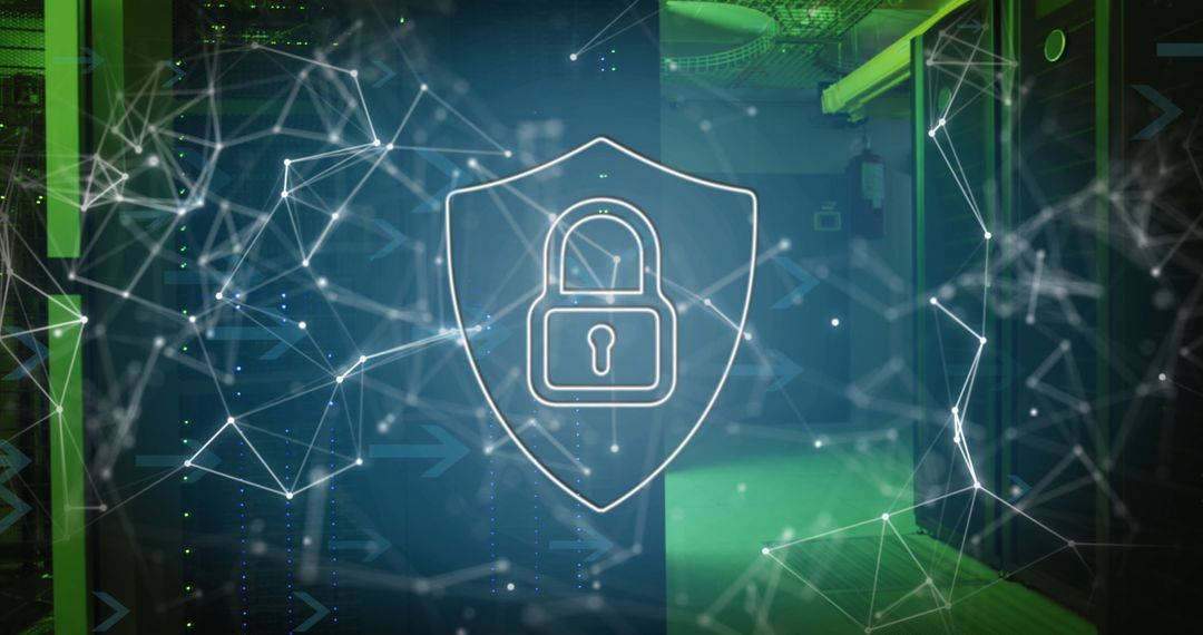 Cybersecurity Icon over Network Connections in Server Room