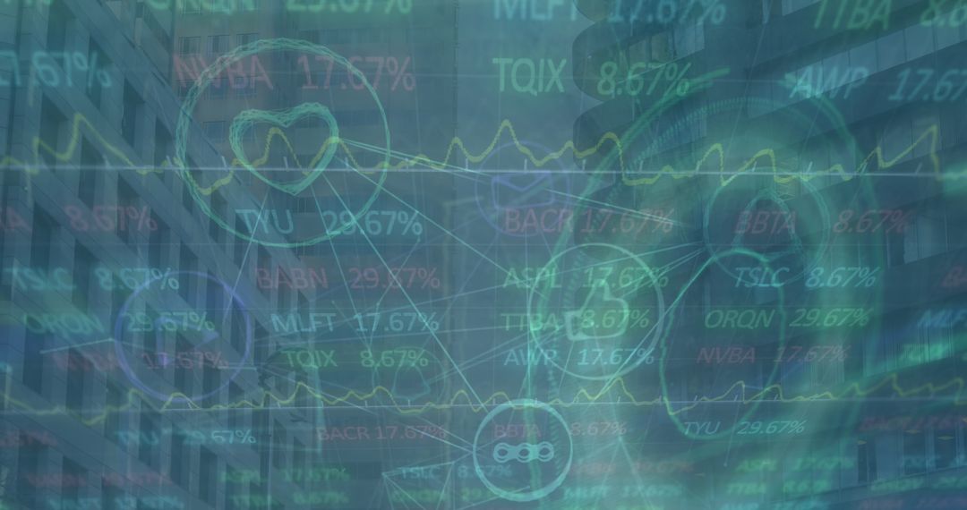 Abstract Network and Stock Market Overlaid on Cityscape