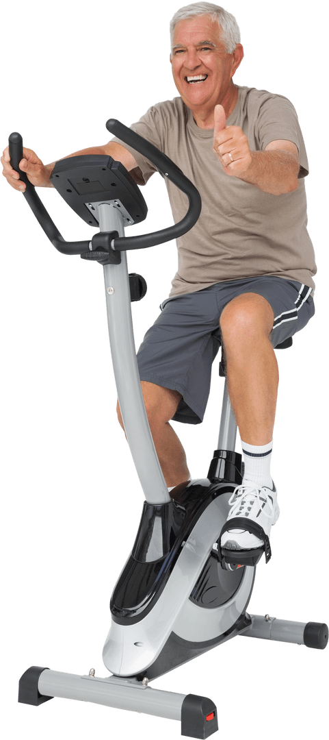 Senior Man Giving Thumbs Up on Transparent Stationary Exercise Bike