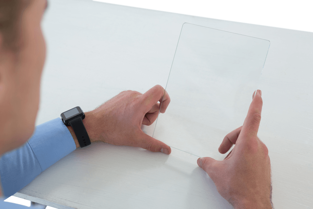 Transparent Glass Interface Usage by Businessman at Desk