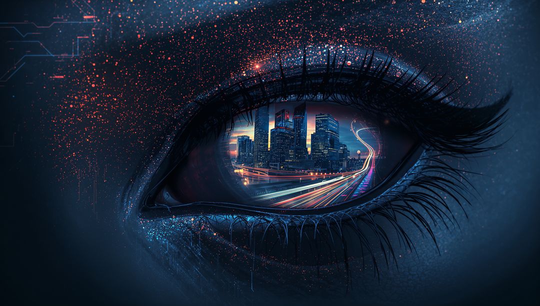 Cybernetic Eye with Cityscape Reflection in Futuristic Void