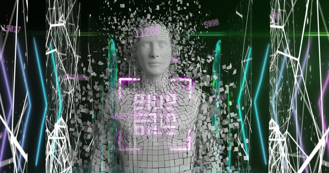 Digital Human Fragmenting into Data with Futuristic QR Code