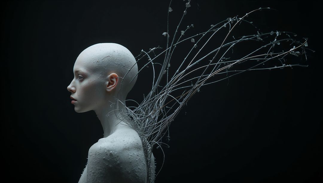 Plaster-coated humanoid bust displaying wiry tendrils extending like skeletal branches