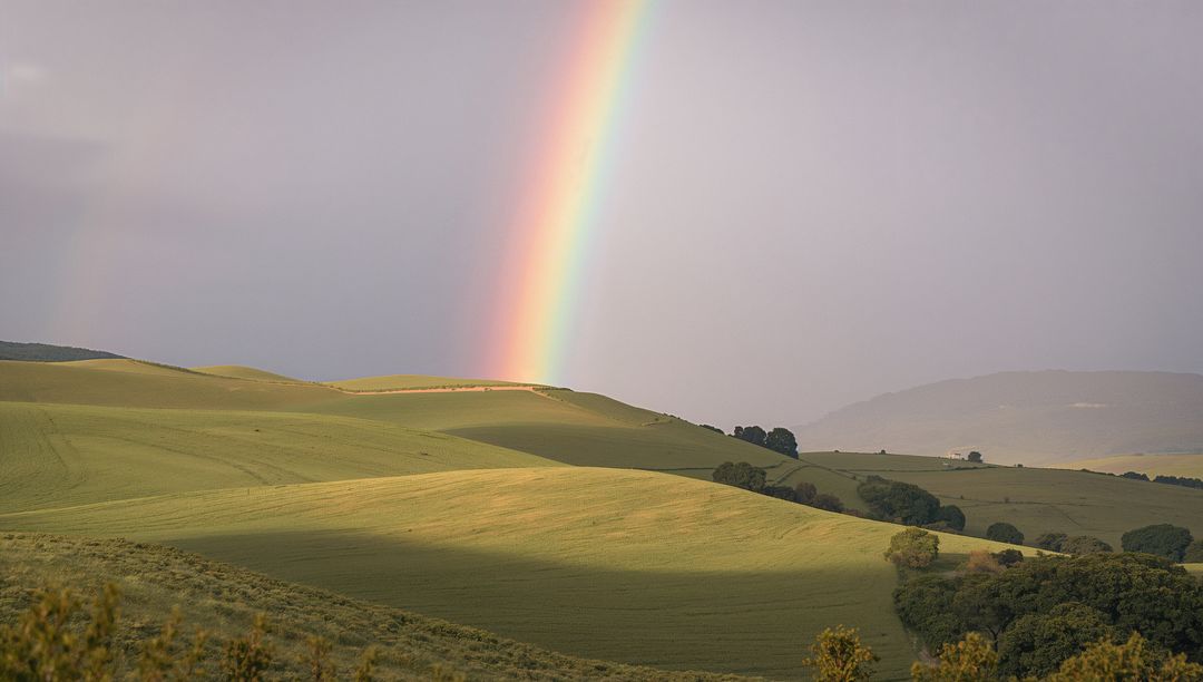 Vibrant Rainbow Over Serene Rolling Hills Landscape