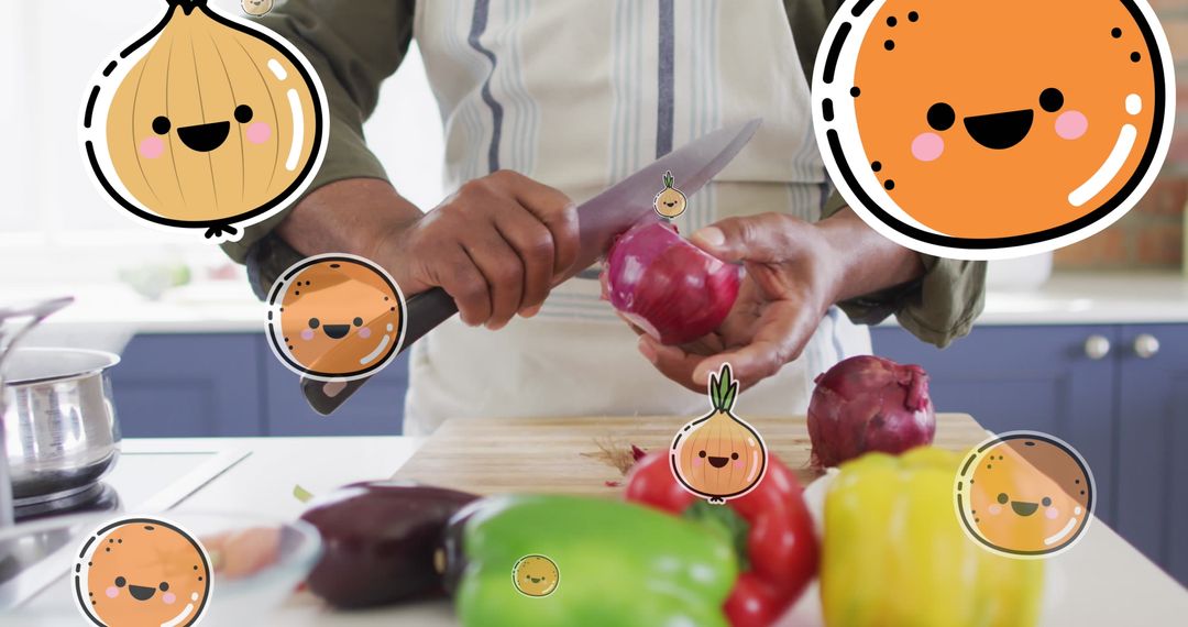 Chef Slicing Vegetables with Playful Food Icons