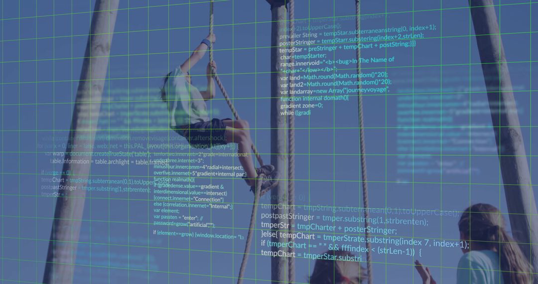 Child Climbing Rope with Coding Overlay Illustrating Digital and Physical Fusion
