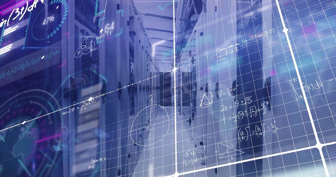 Data Processing with Mathematical Equations Overlay on Server Room