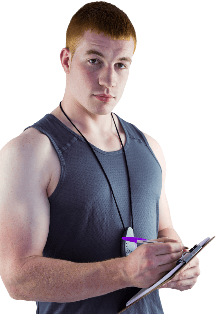 Transparent Fit Personal Trainer Writing on Clipboard