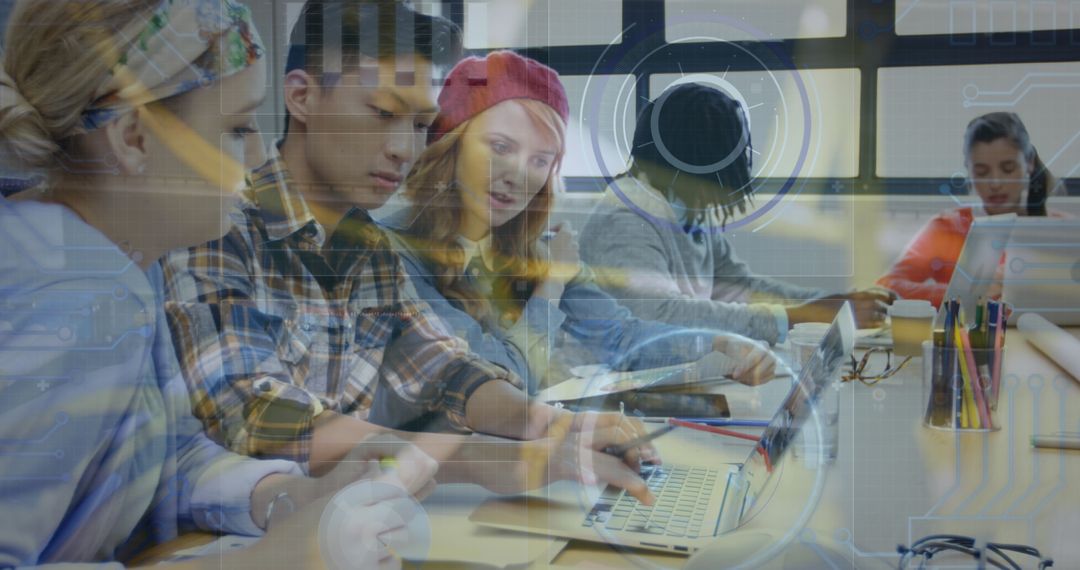 Diverse Coworkers Collaborating with Digital Technology Overlay