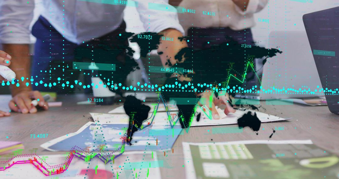 Professionals Analyzing Data Trends with Digital Overlay
