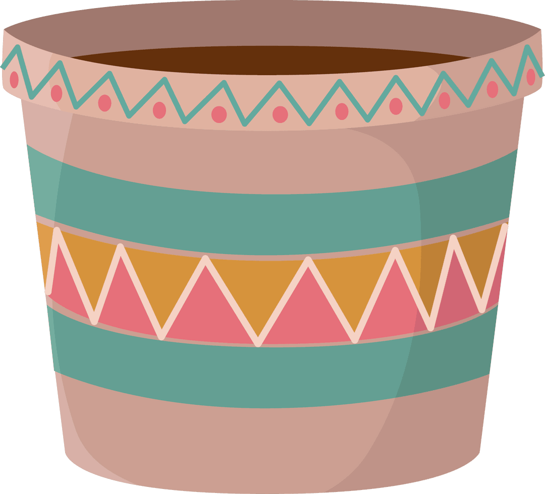 Decorative Bohemian Planter Pot with Brown Soil on Transparent Background