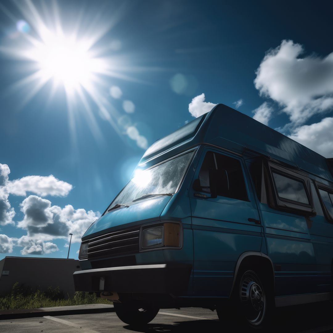 Blue Camper Van Under Bright Sun With Clouds - Free Images, Stock Photos and Pictures on Pikwizard.com