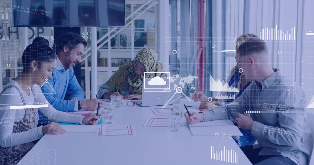 Diverse Team Analyzing Cloud Data in Modern Office