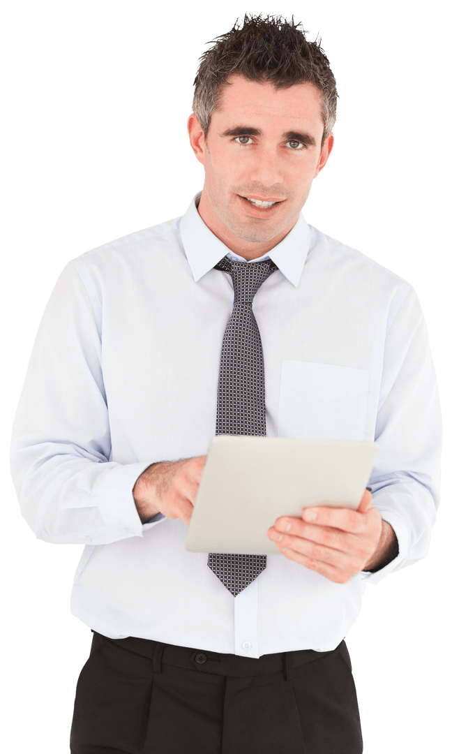Confident Businessman Holding Tablet Transparent Background