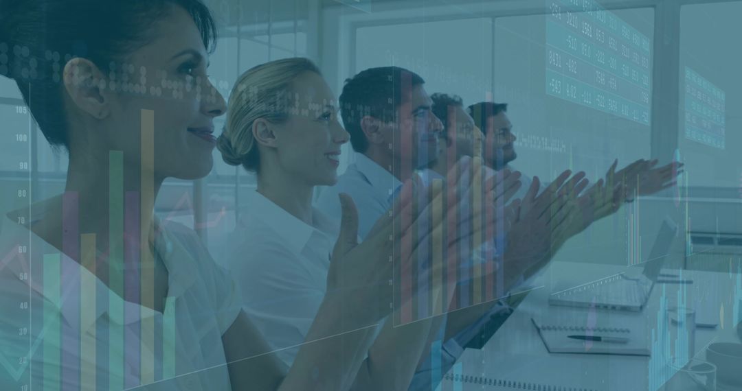 Business Professionals Applauding in Boardroom with Digital Charts