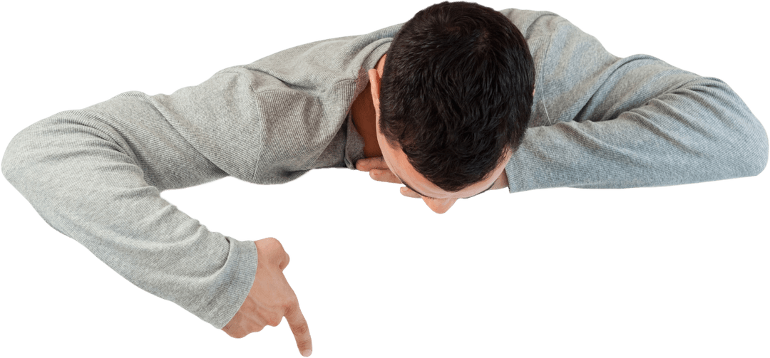 Smiling Man Pointing Down Transparency Concept