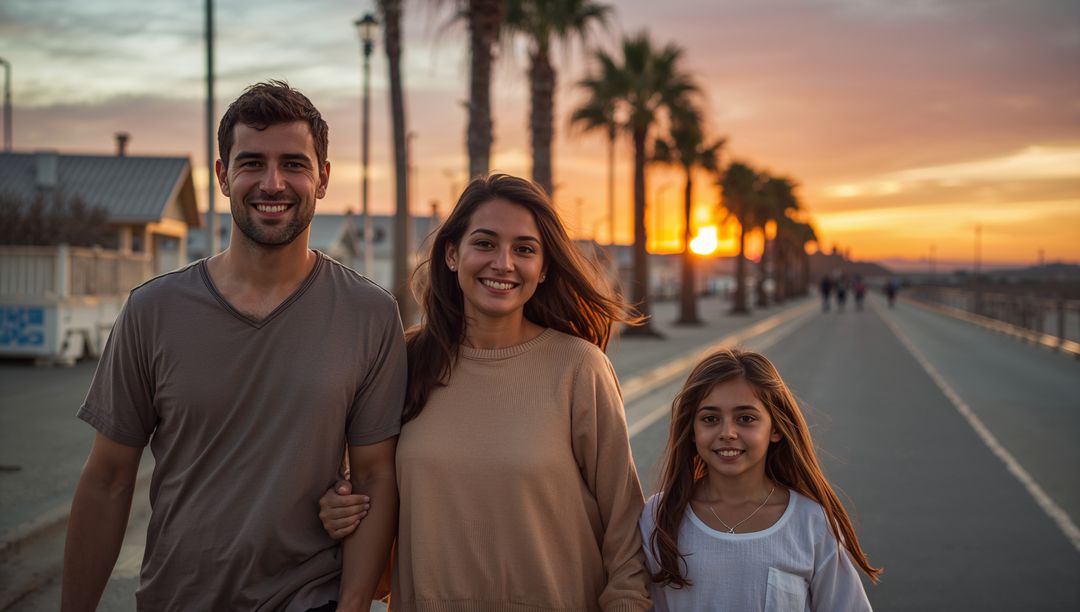 Smiling Family Walking Seaside Walkway at Sunset