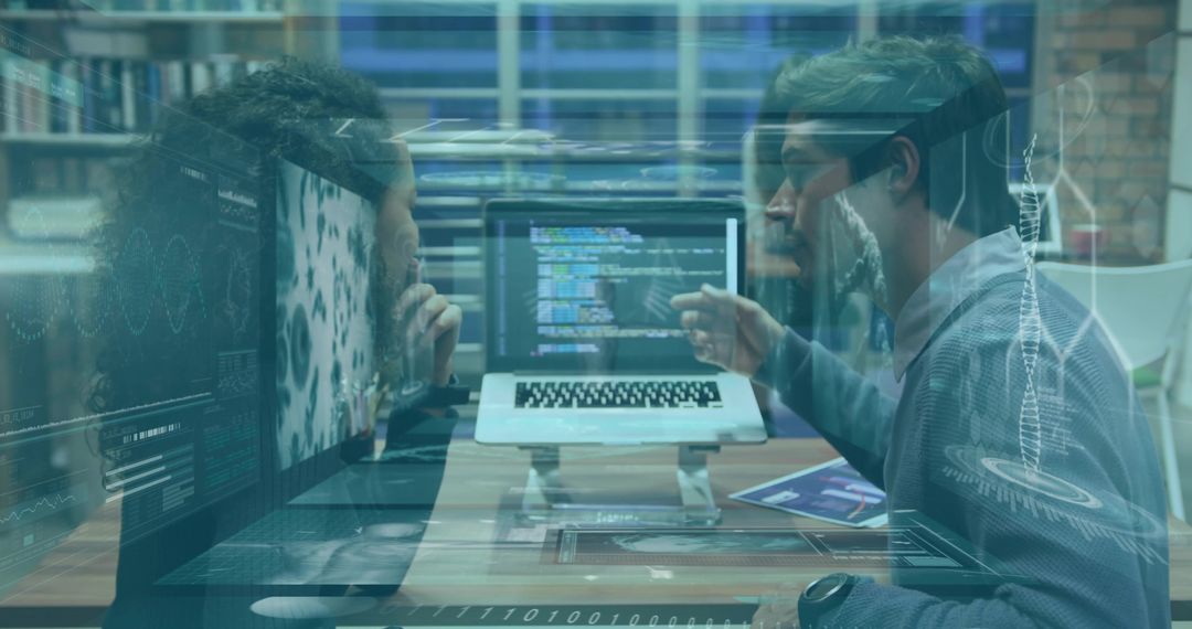 Developers collaborating over laptop code with futuristic data visualization overlay