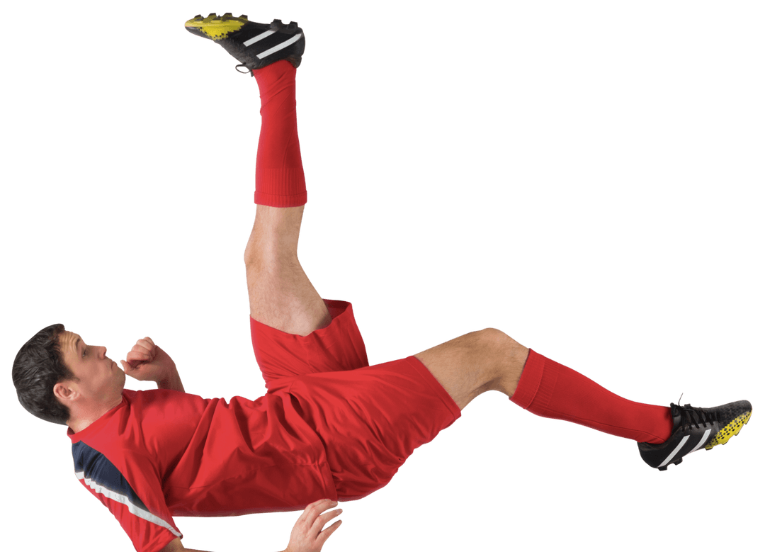 Transparent Soccer Player Displaying a Bicycle Kick in Red Uniform