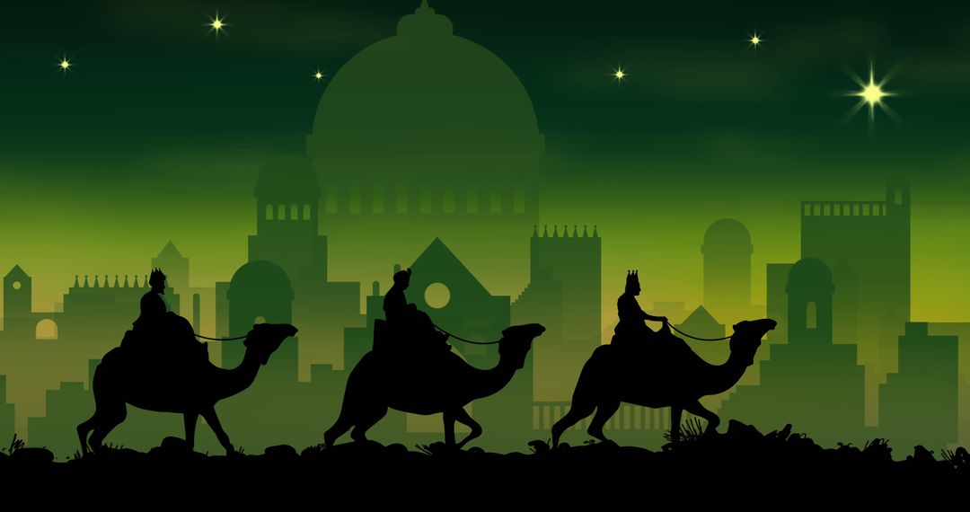 Silhouetted Three Wise Men Journey Under Starry Sky