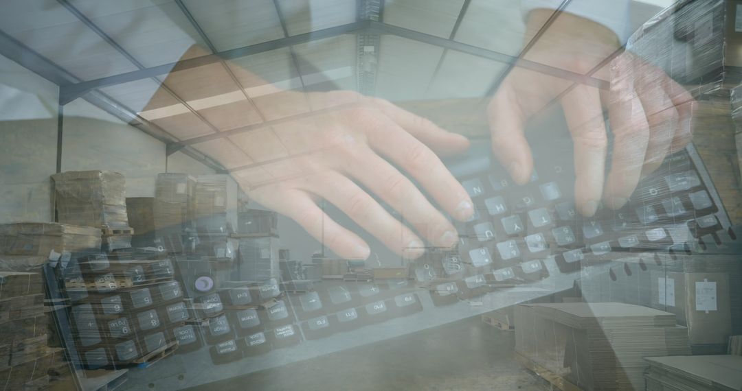 Double Exposure of Typing Hands and Warehouse