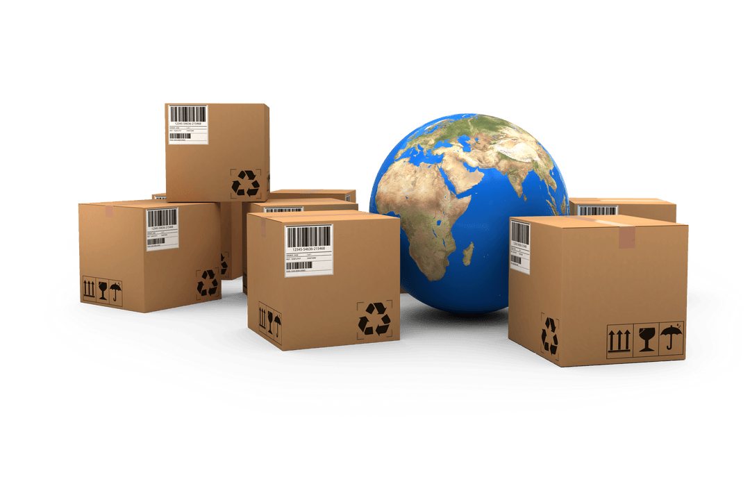 Global Shipping Concept with Globe and Boxes on Transparent Background