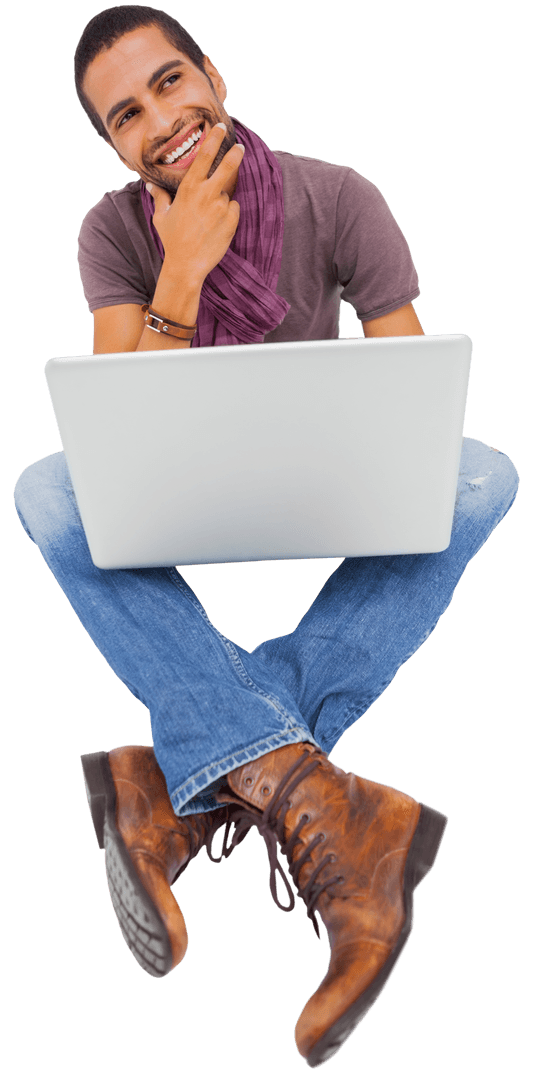 Transparent Happy Thinking Man Using Laptop Sitting Cross-legged