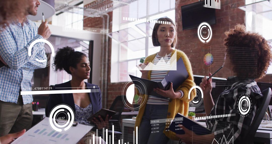 Team Collaboration with Data Visualization Overlays in Modern Workspace