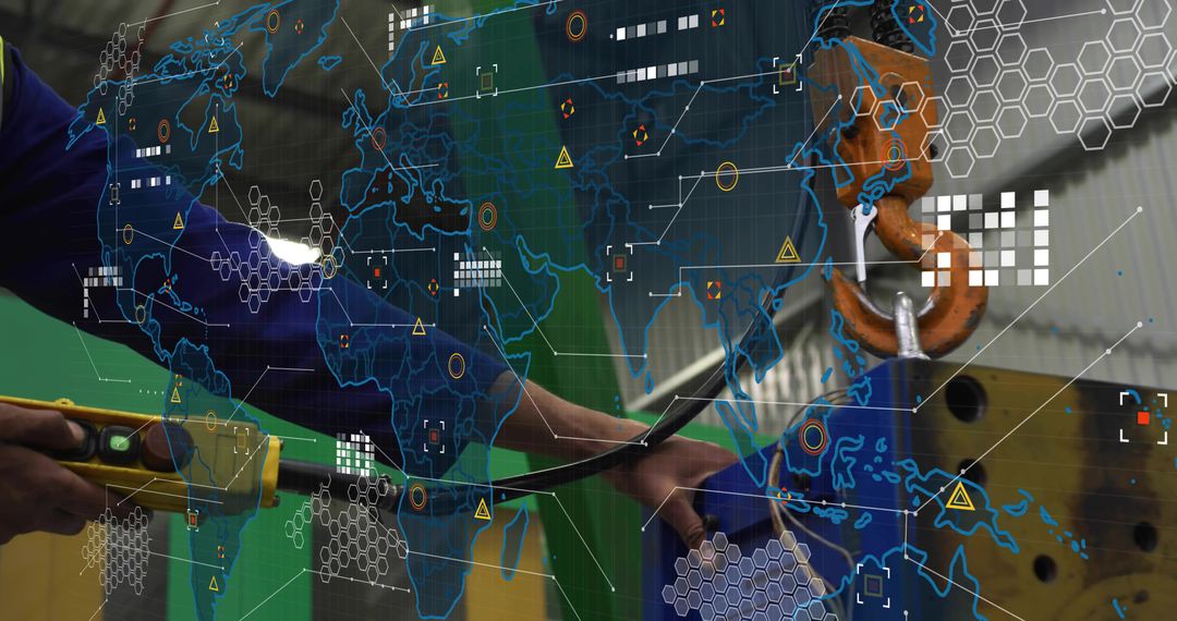 Technician Adjusting Industrial Machinery with Futuristic Map Overlay