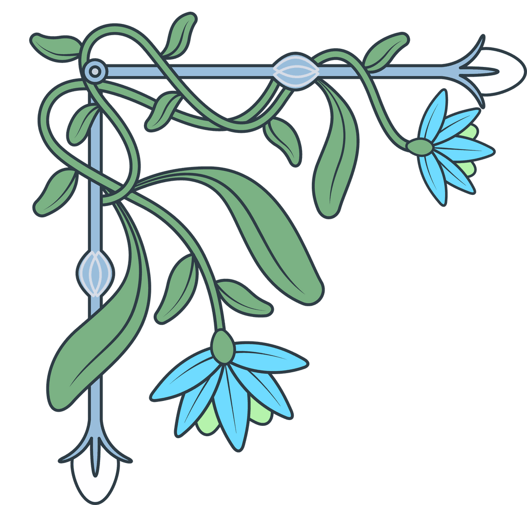 Botanical Corner Border with Blue Flowers on Transparent Background
