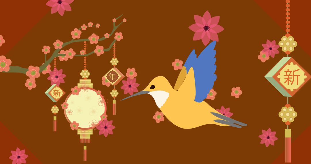 Hummingbird with Cherry Blossom and Chinese Lanterns, Seasonal Festival Illustration - Free Images, Stock Photos and Pictures on Pikwizard.com