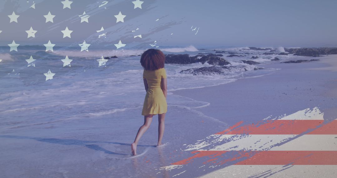 Woman Walking Along Beach with United States Flag Overlay - Free Images, Stock Photos and Pictures on Pikwizard.com