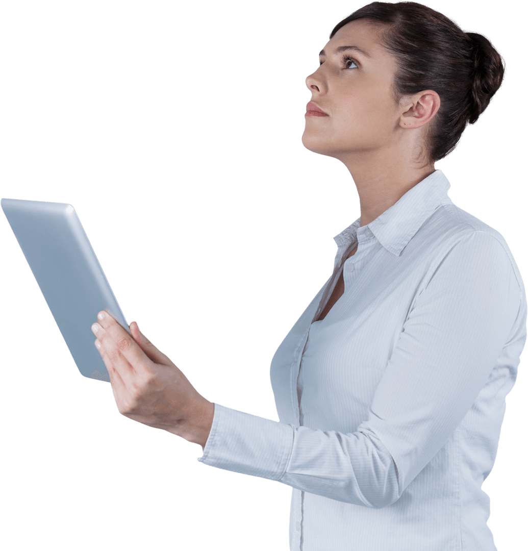 Transparent Businesswoman Engaging with Digital Tablet