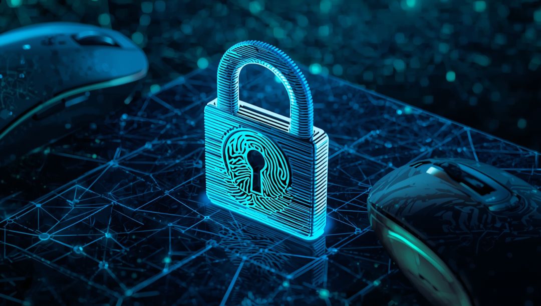 Glowing Fingerprint Padlock on Digital Network Grid Symbolizing Cybersecurity